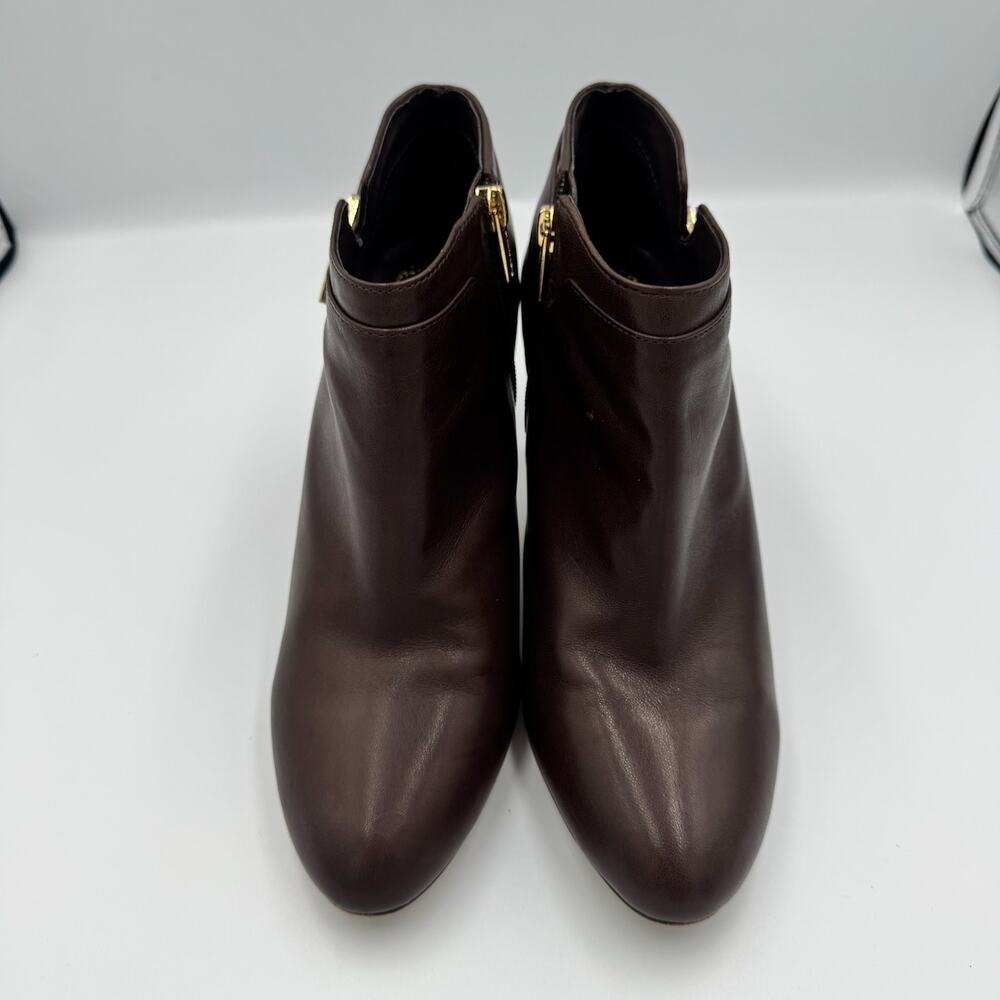 Vince Camuto Vernaya Ankle Booties 10M Espresso Brown Leather Gold Buckle Heels - Picture 4 of 16